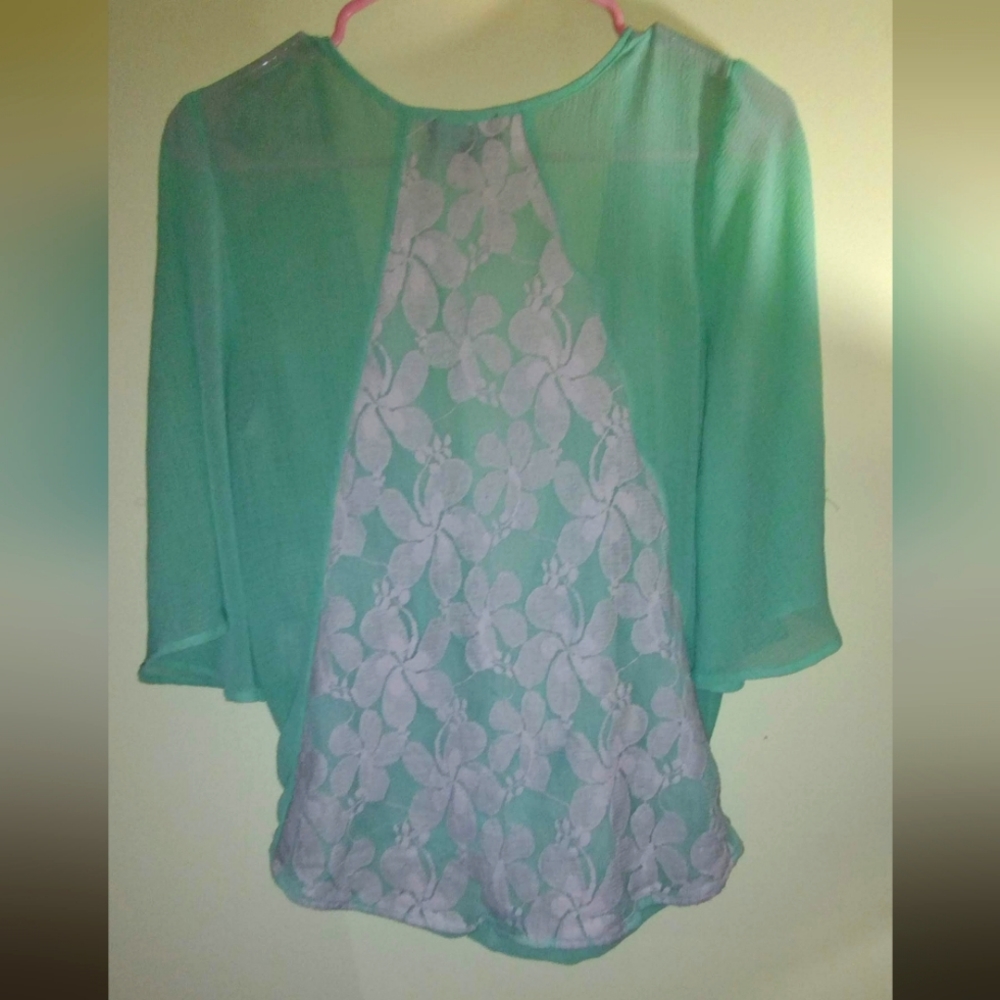 Women's My Michelle sheer V neck blouse with lace back